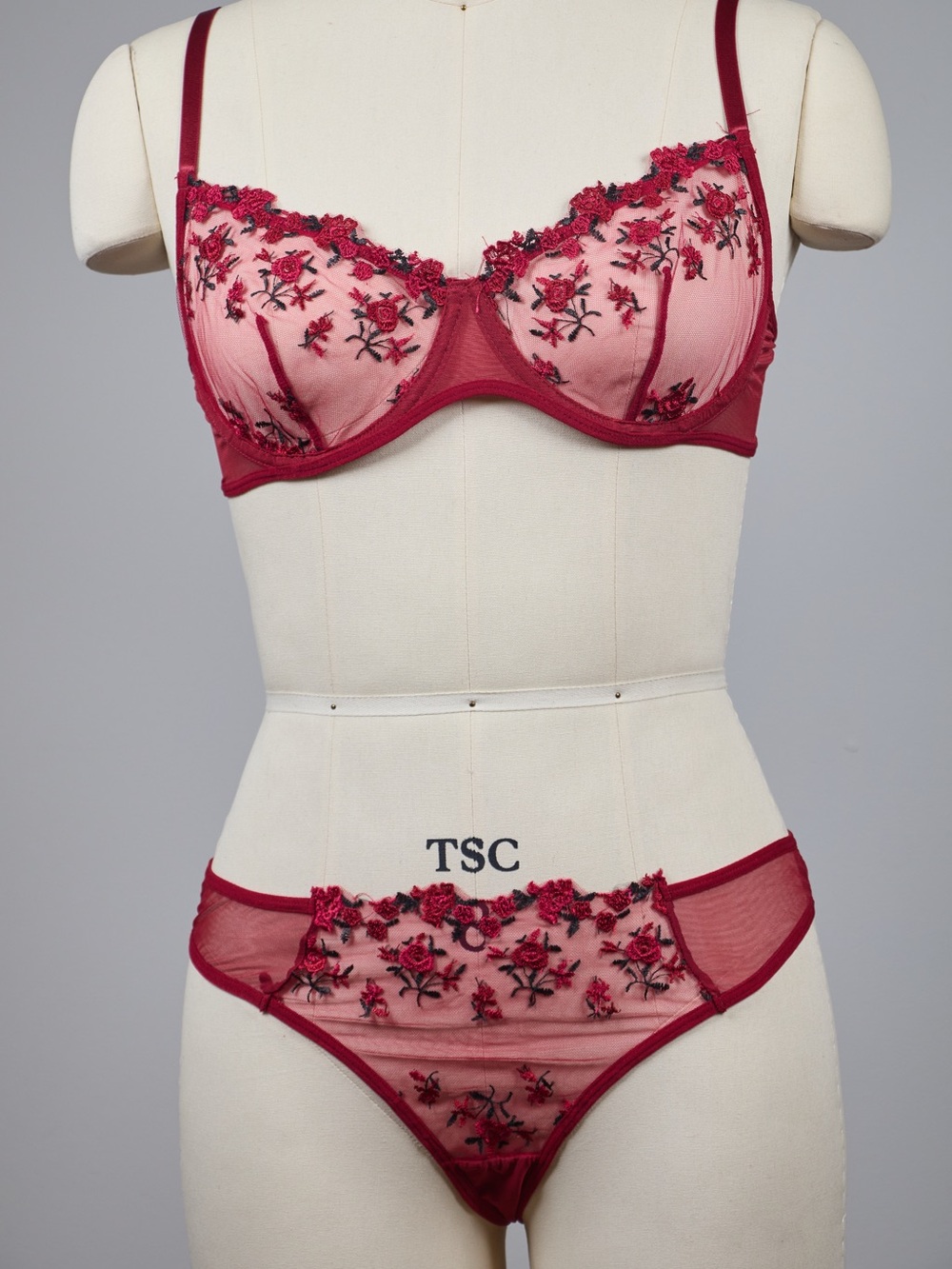 Sheer Floral Embroidered Bra & Panty Set - Burgundy Pink